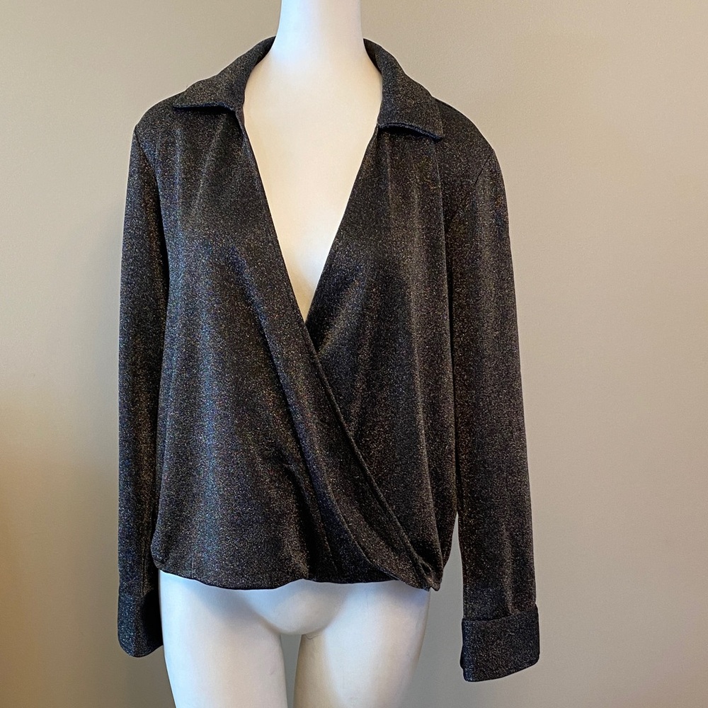 Calvin Klein Metallic Charcoal Wrap-Front Blouse